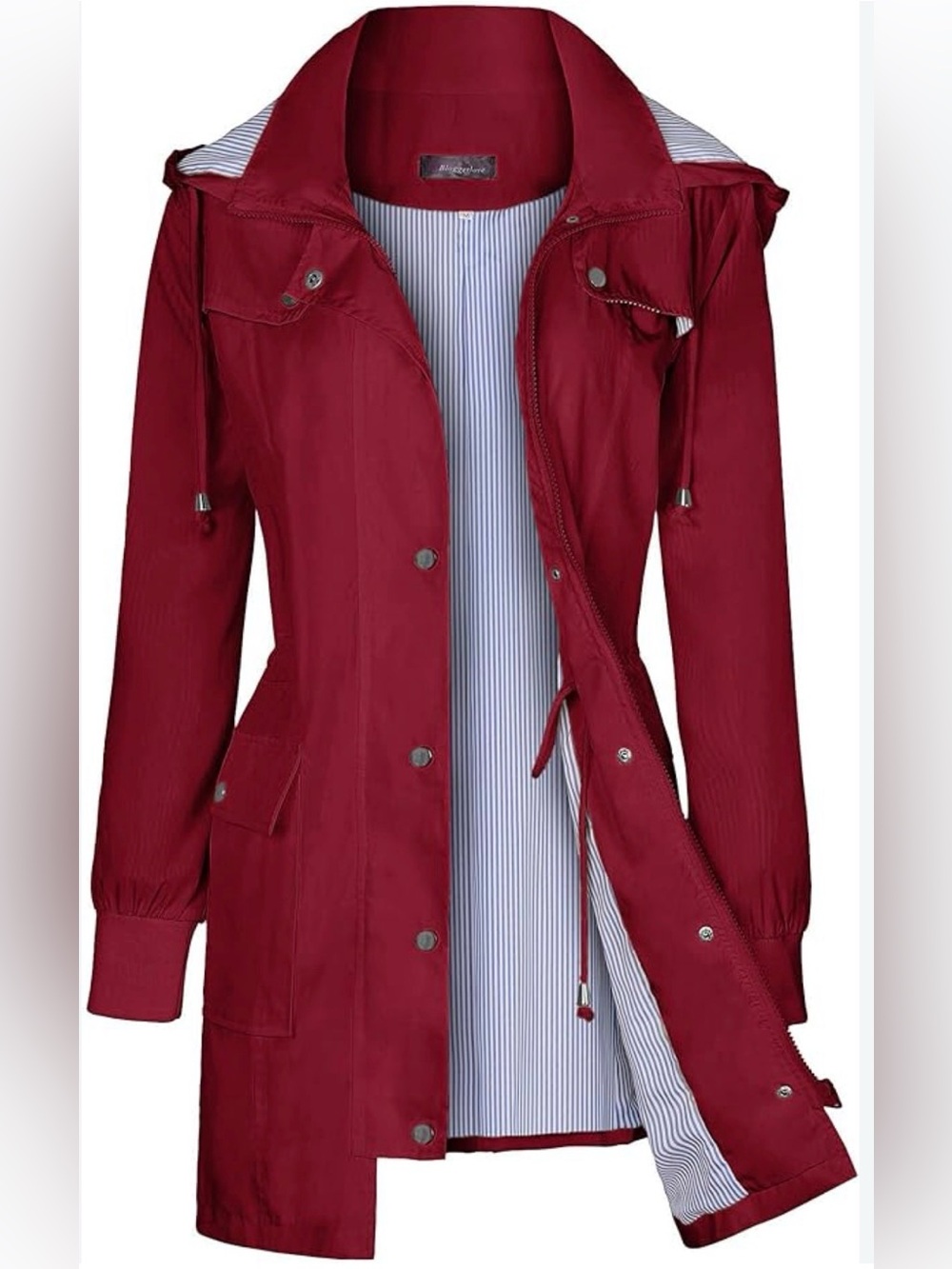 Women's Hooded Burgundy Trench Coat with Drawcord Waist